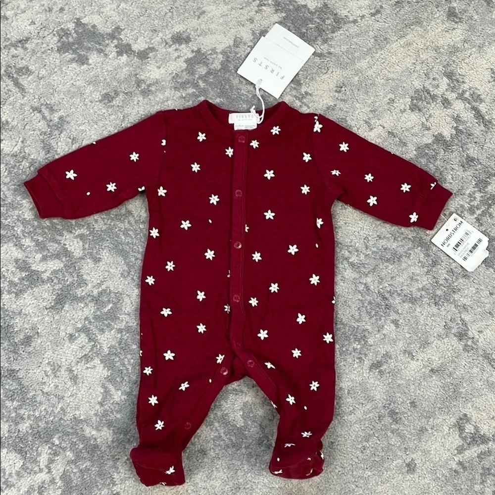 NWT Firsts by Petit Lem Newborn Baby Poinsettia Print Burgundy Pointelle Sleeper